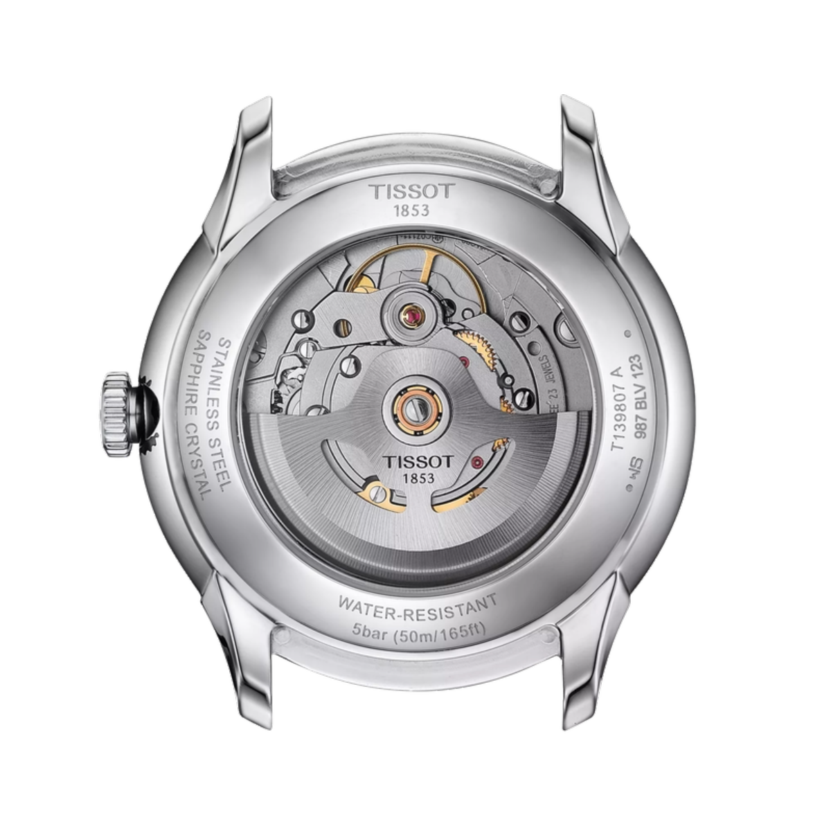 Silver watch strap with Tissot logo on a white background