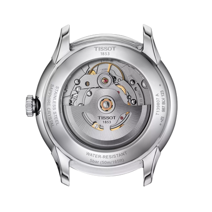 Silver watch strap with Tissot logo on a white background