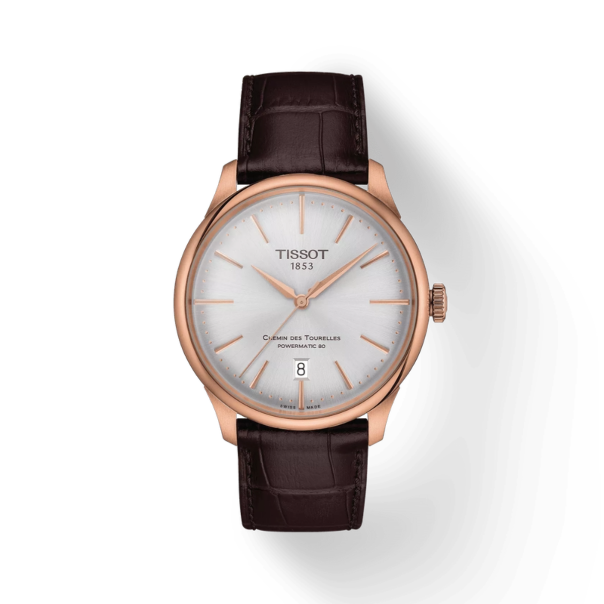 Tissot watch with brown leather strap on a white background