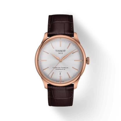 Tissot watch with brown leather strap on a white background