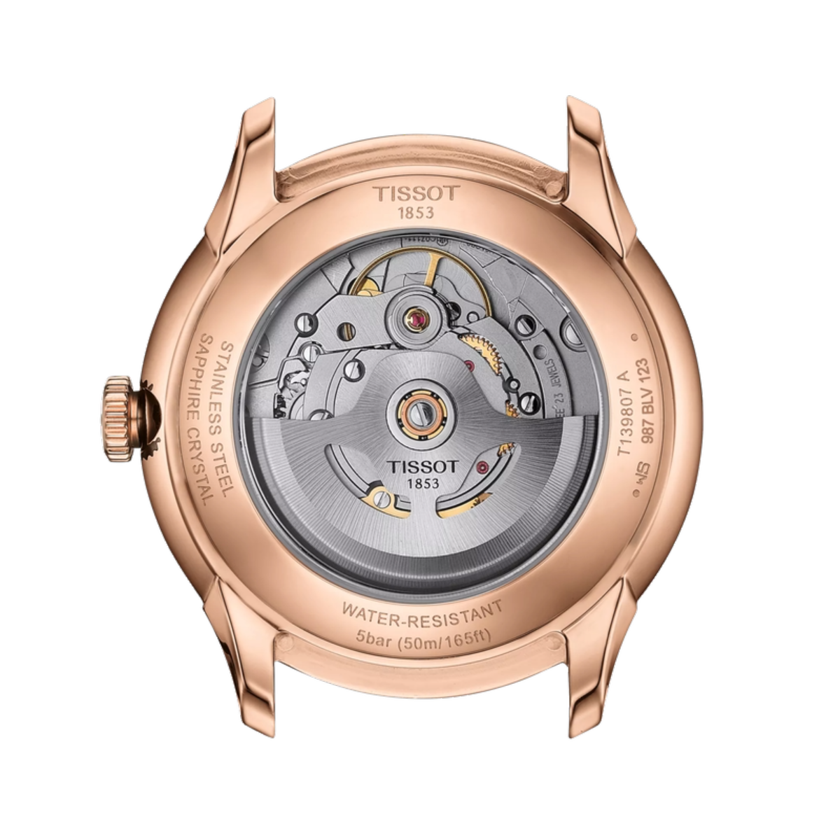 Rose gold Tissot watch with mechanical movement on a white background