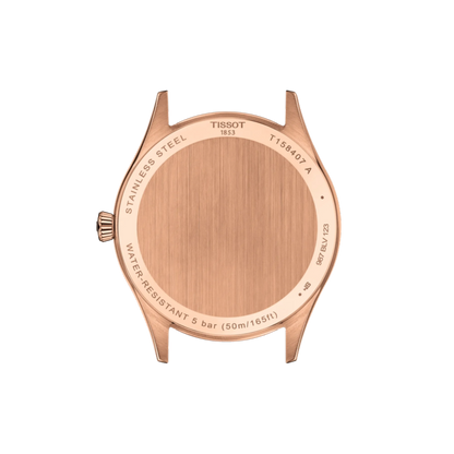 Rose gold watch case with Tissot branding on a white background