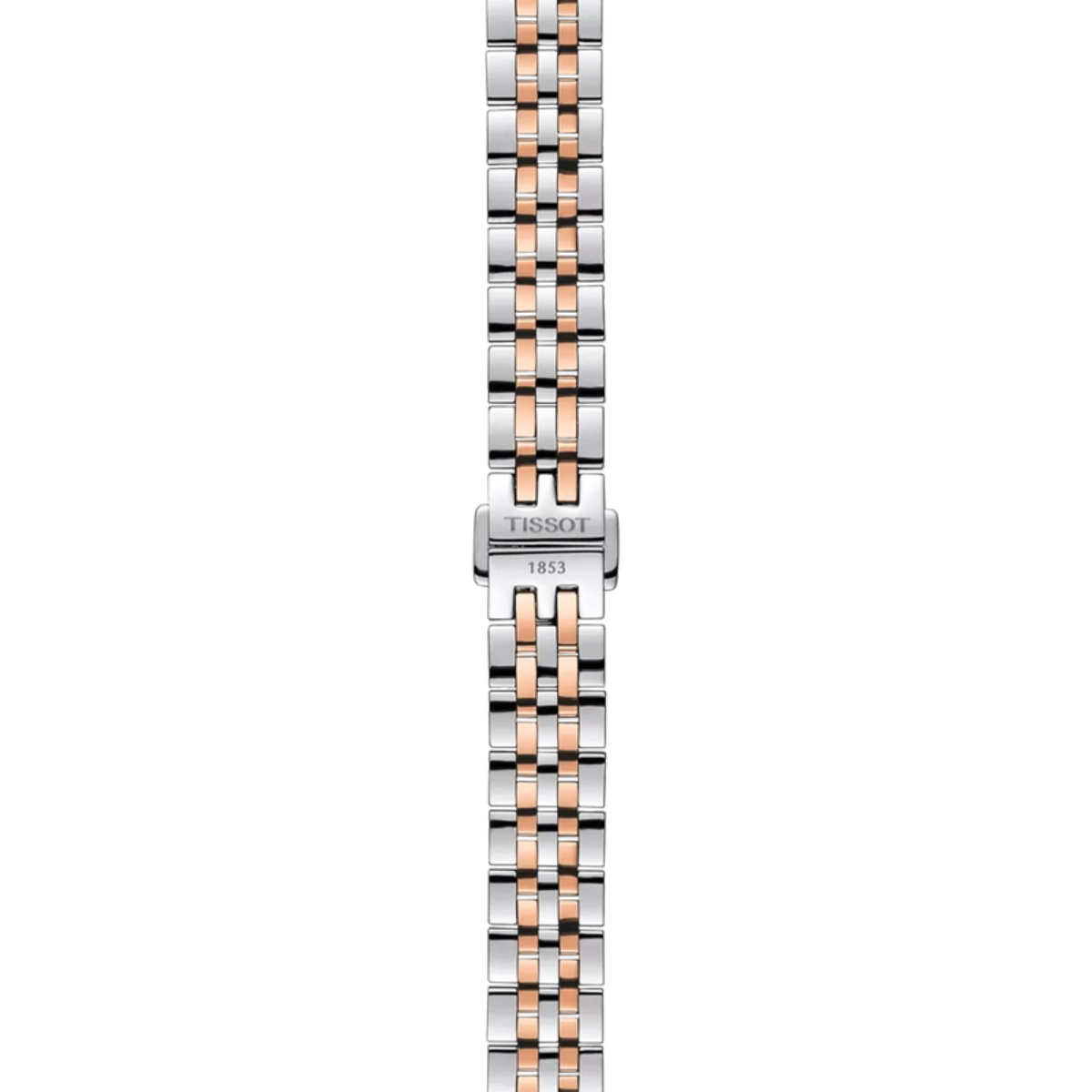 Two-tone watch strap with Tissot logo on a white background