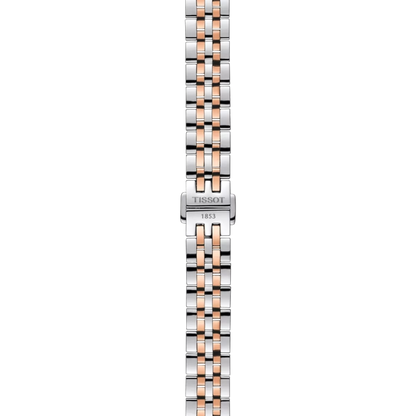 Two-tone watch strap with Tissot logo on a white background