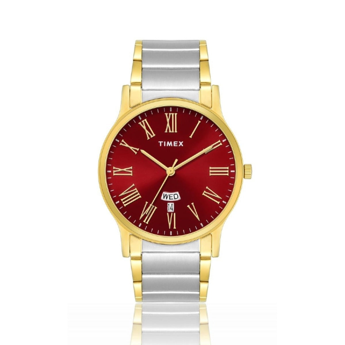 A Timex men's analog watch with a gold-tone case, a silver-tone two-tone link bracelet, and a deep red dial with gold-tone Roman numerals and hands.