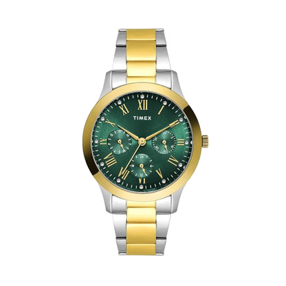 Timex watch with green face and gold and silver band on white background