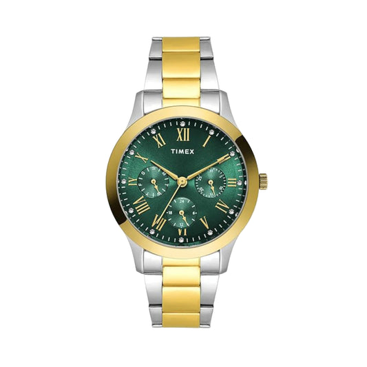 Timex watch with green face and gold and silver band on white background