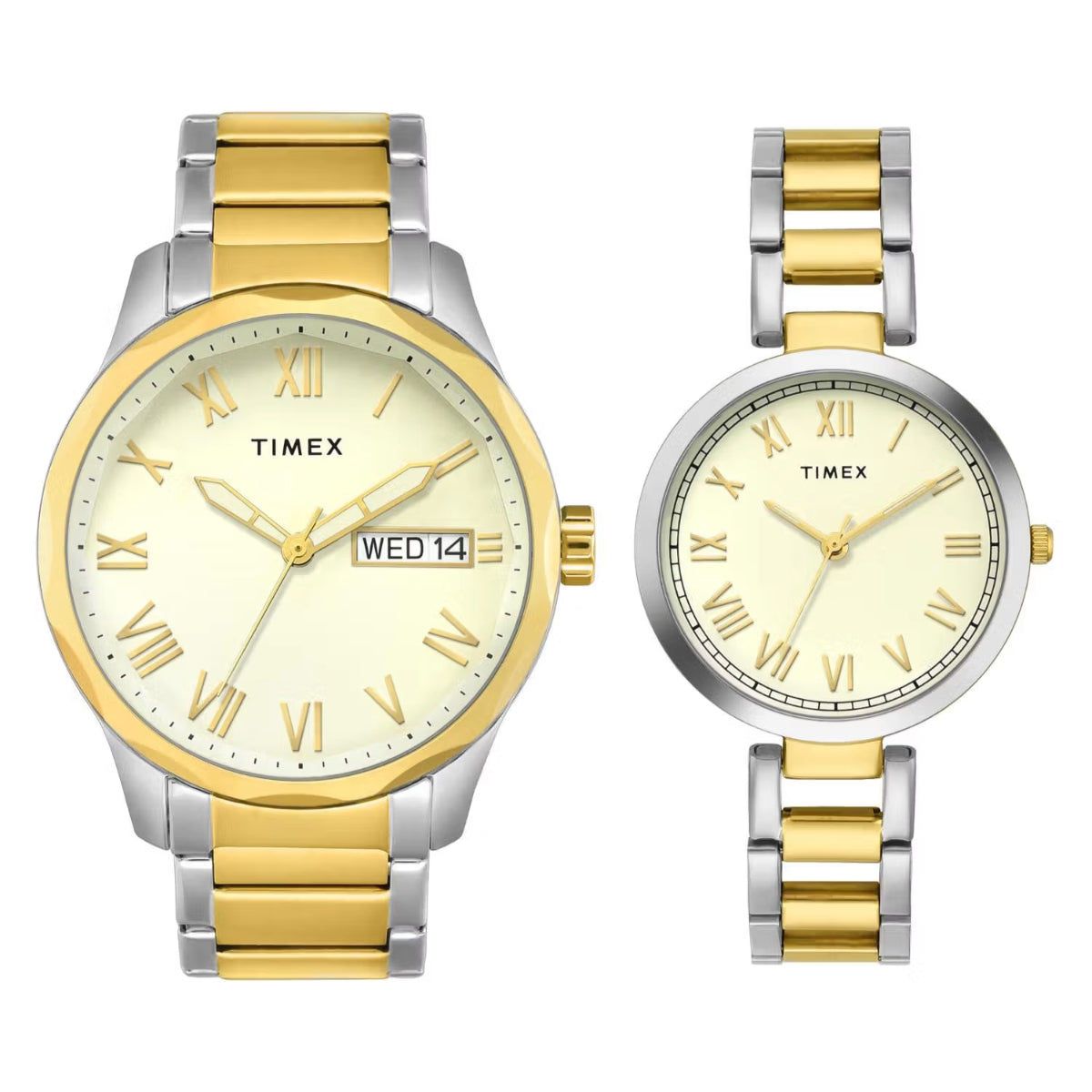 Two Timex watches with gold and silver bands on a white background