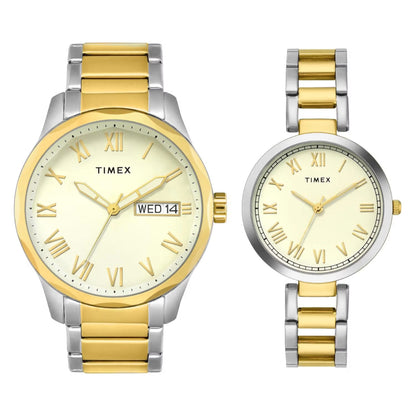 Two Timex watches with gold and silver bands on a white background
