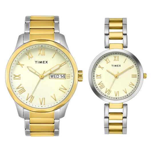 Two Timex watches with gold and silver bands on a white background