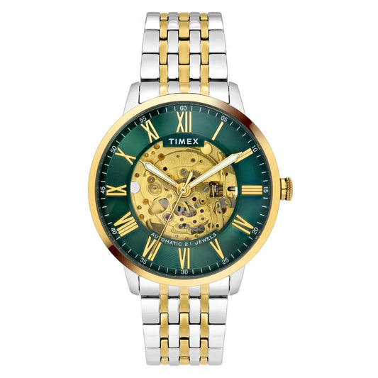 Timex watch with green face, gold accents, and two-tone metal strap on white background