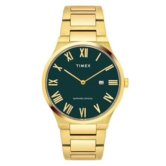 Gold Timex watch with a green face on a white background