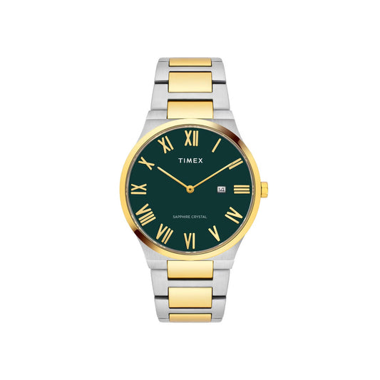 Timex watch with two-tone silver and gold bracelet on a white background