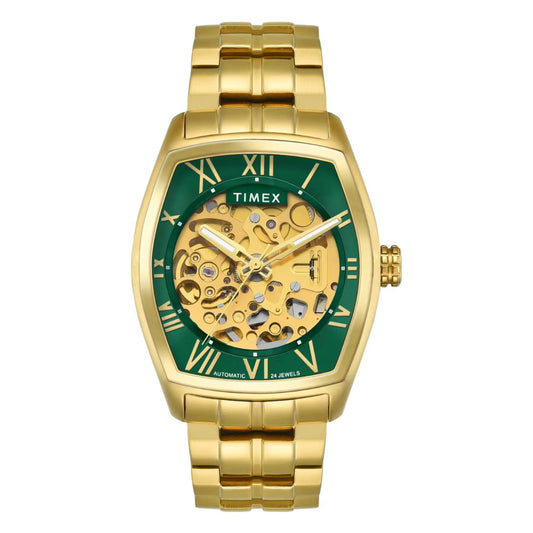 Gold watch with green face and visible brand name on a white background