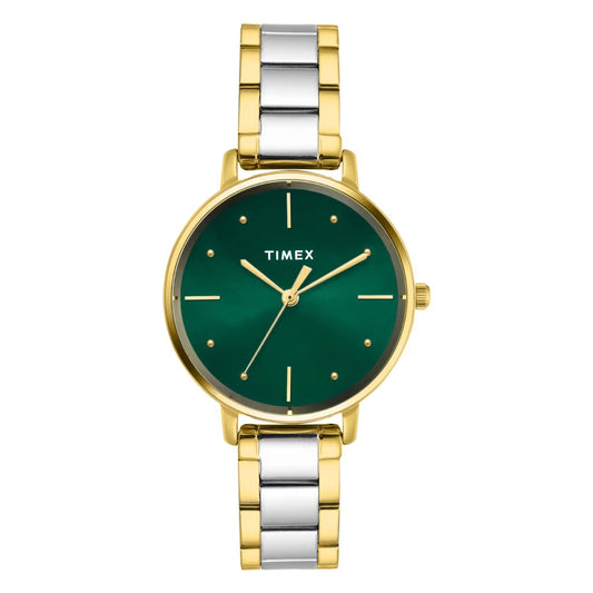 Timex watch with green face and two-tone gold and silver band on white background
