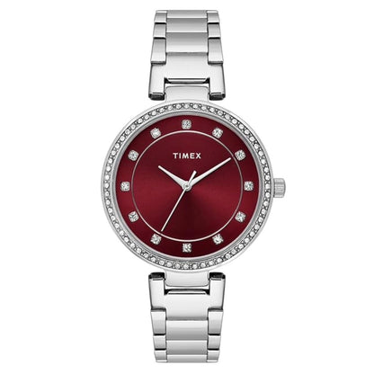 Timex watch with a red face and silver bracelet on a white background