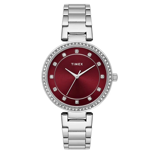 Timex watch with a red face and silver bracelet on a white background