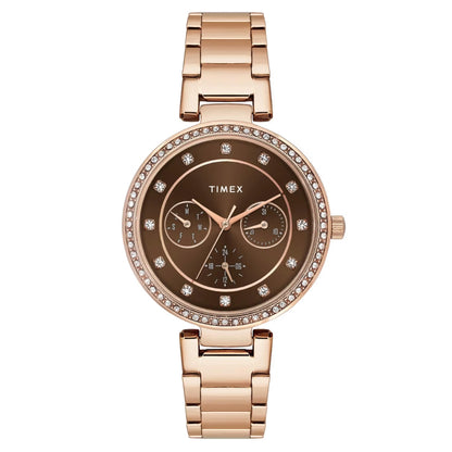 Rose gold Timex watch with brown dial on a white background