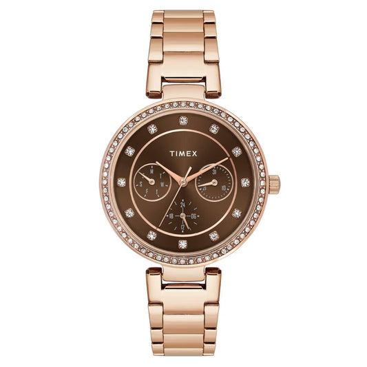 Rose gold Timex watch with brown dial on a white background