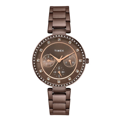 Timex watch with brown metal strap and decorative face on a white background