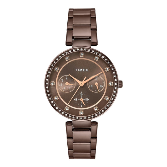 Timex watch with brown metal strap and decorative face on a white background