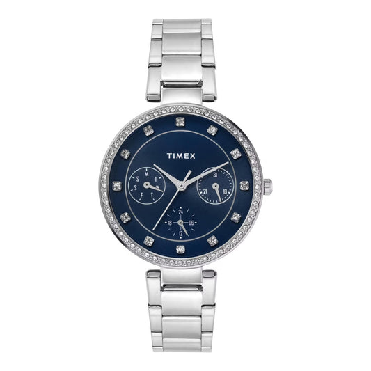 Timex watch with a blue face and silver band on a white background