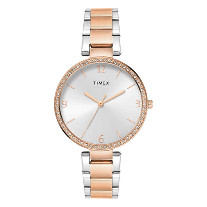 Timex watch with two-tone rose gold and silver bracelet on a white background
