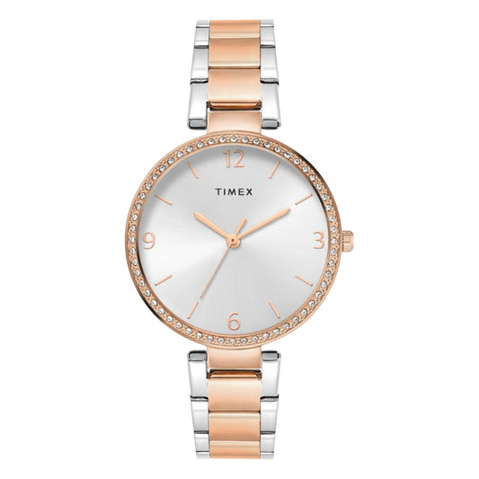 Timex watch with two-tone rose gold and silver bracelet on a white background