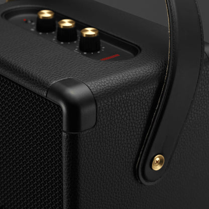 Black portable speaker with control knobs and brand name on a dark background
