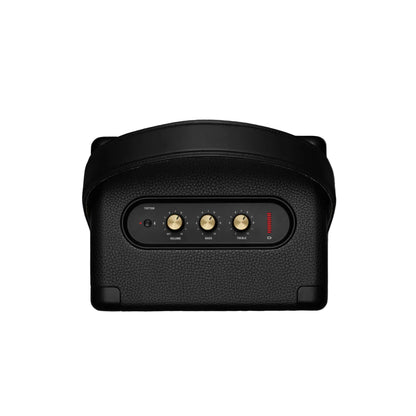 Black electronic device with control buttons on a dark background