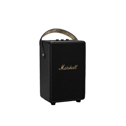 Black Marshall speaker with a handle on a dark background