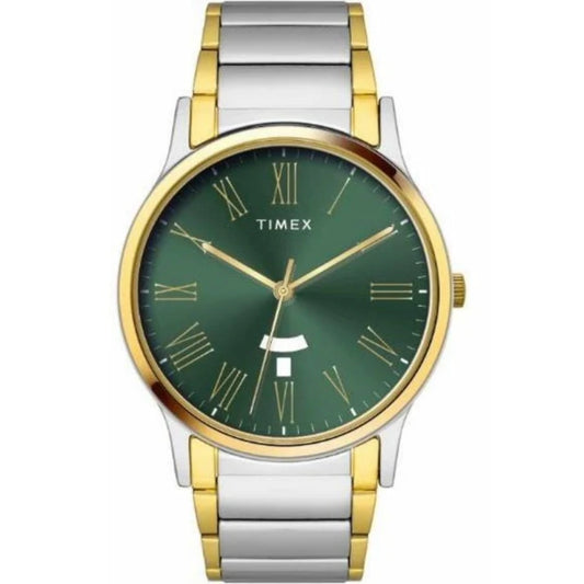 Timex watch with green face and two-tone metal band on white background