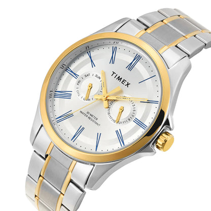 TW000X134 Timex | Analog Silver Round Brass Dial Watch (Men)