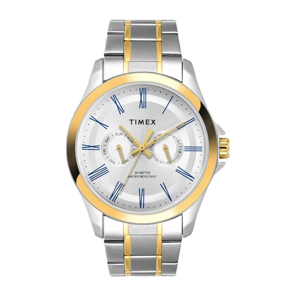 TW000X134 Timex | Analog Silver Round Brass Dial Watch (Men)