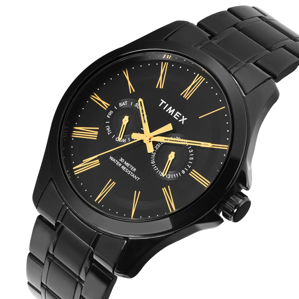 TW000X135 Timex | Analog Black Round Brass Dial Watch (Men)