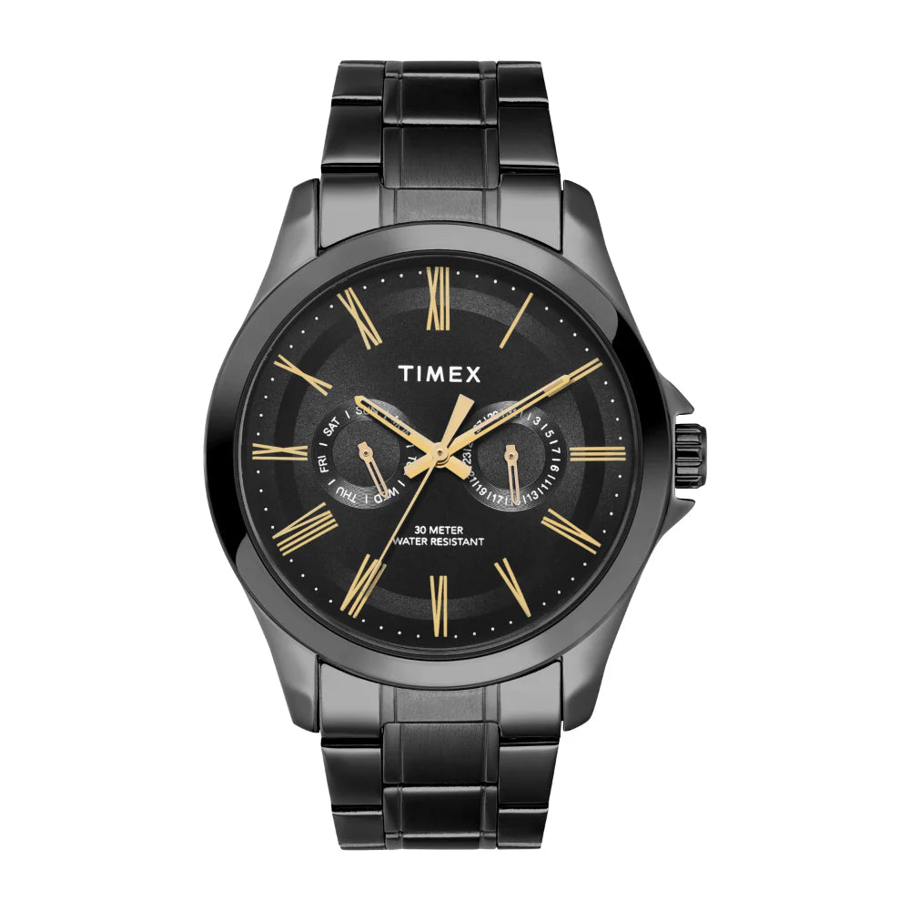 TW000X135 Timex | Analog Black Round Brass Dial Watch (Men)