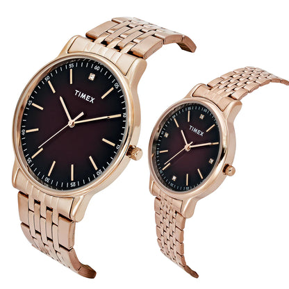 Timex Brown Round Dial Analog Stainless Steel Pair's Watch TW00PR328
