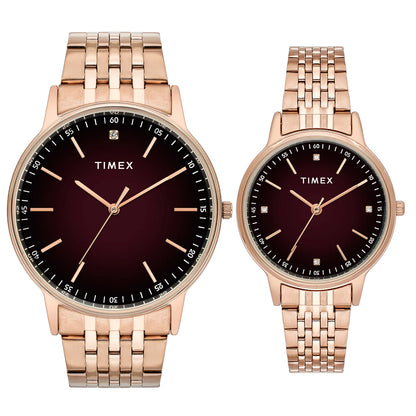 Timex Brown Round Dial Analog Stainless Steel Pair's Watch TW00PR328