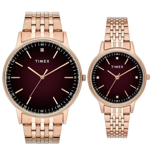 Timex Brown Round Dial Analog Stainless Steel Pair's Watch TW00PR328