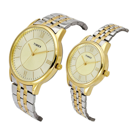 Timex Quartz Round Champagne Dial Analog Couple Watch TW00PR333
