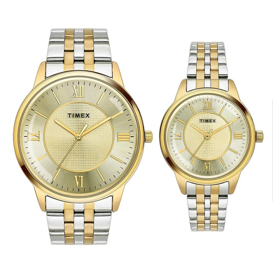 Timex Quartz Round Champagne Dial Analog Couple Watch TW00PR333