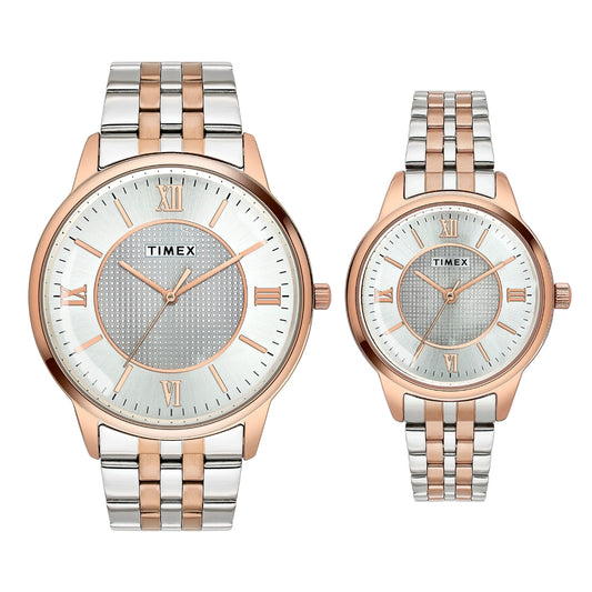 Two Timex watches with rose gold and silver metal bands on a white background