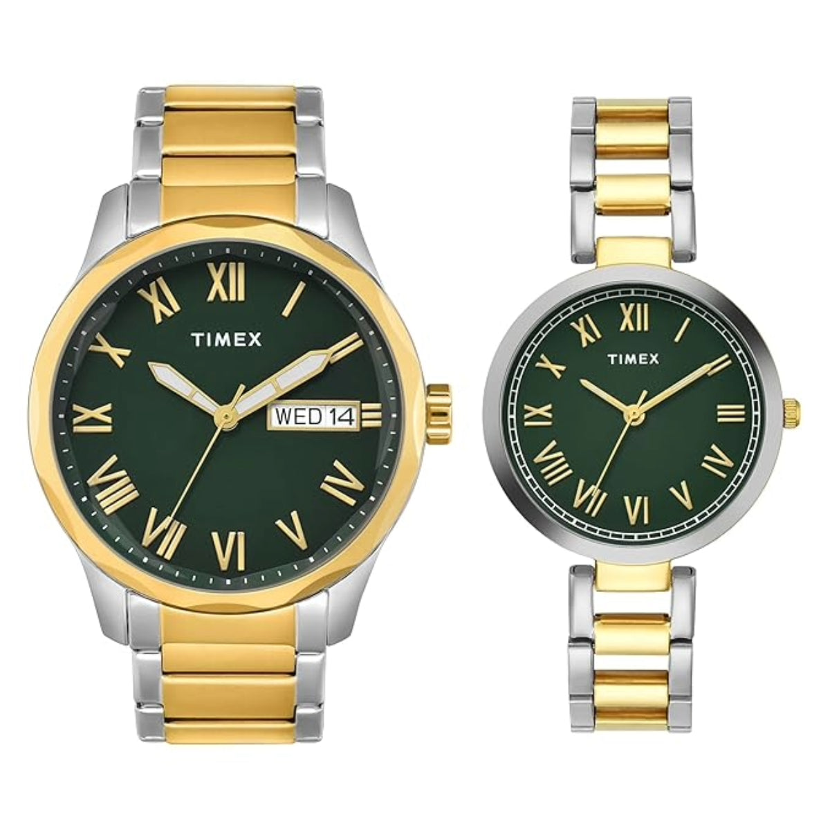 Two Timex watches with gold and silver bands on a white background