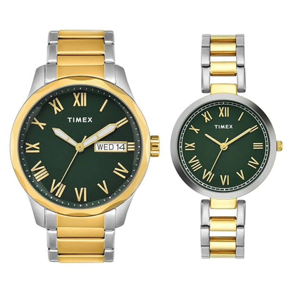 Two Timex watches with gold and silver bands on a white background