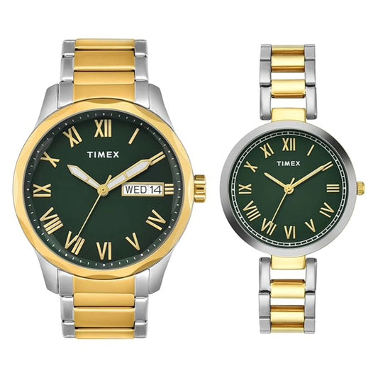 Two Timex watches with gold and silver bands on a white background