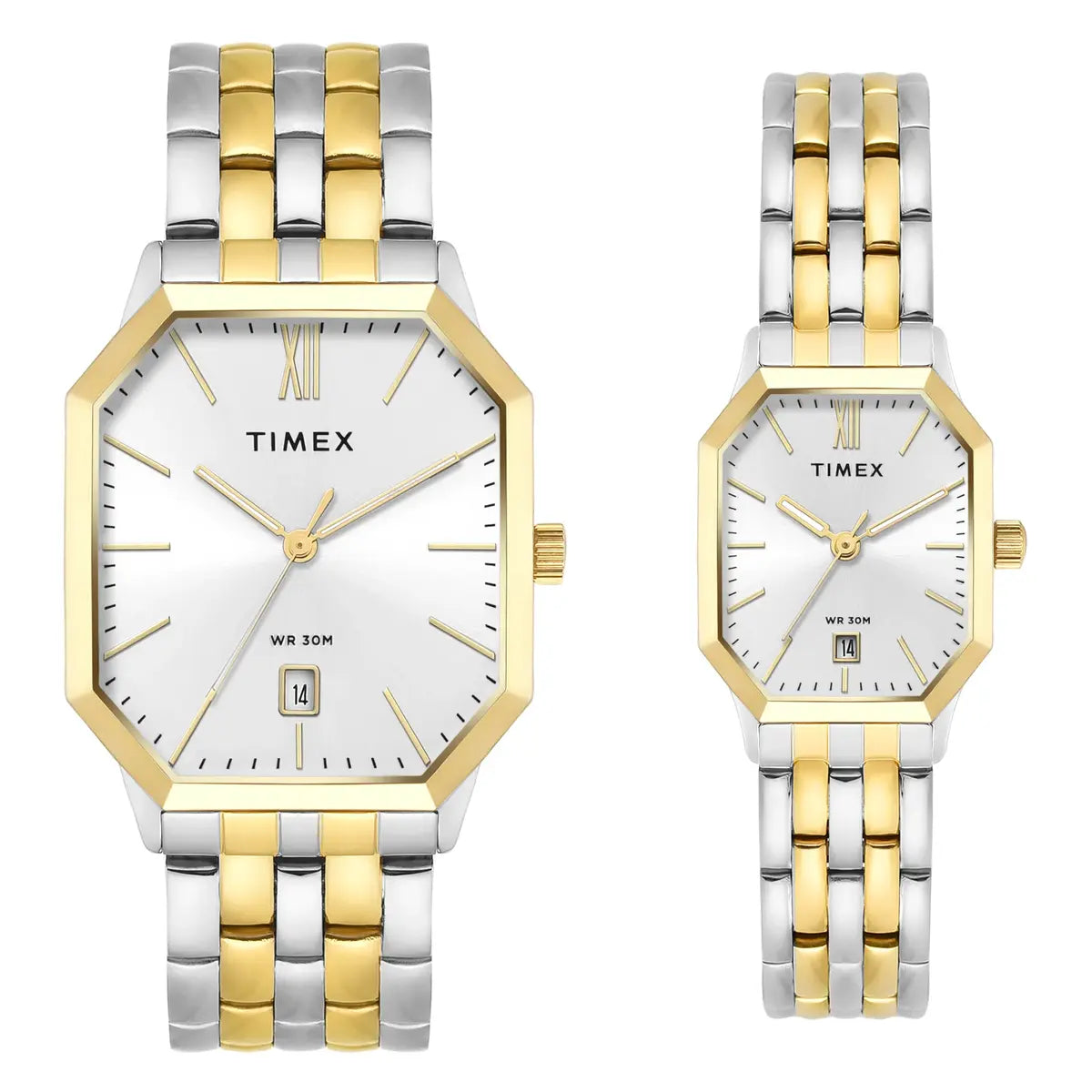 Timex Octagonal Silver Dial Analog Pair Watch - TW00PR354