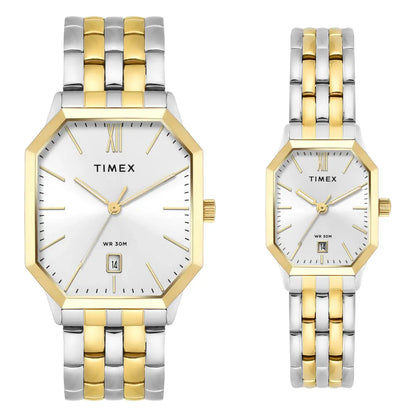 Timex Octagonal Silver Dial Analog Pair Watch - TW00PR354