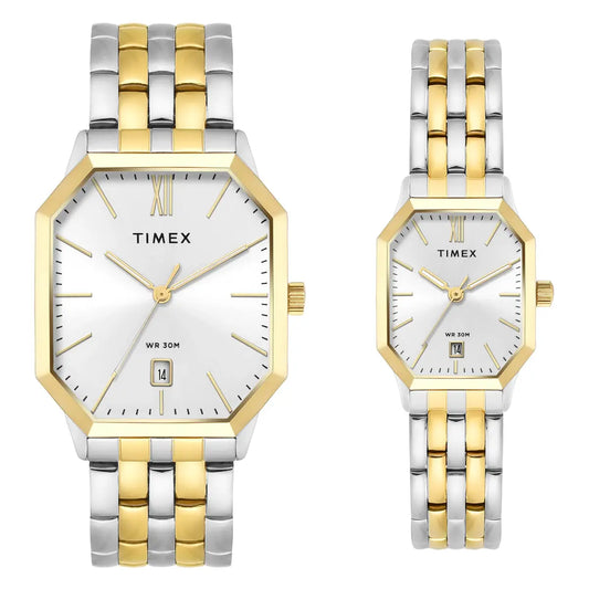 Timex Octagonal Silver Dial Analog Pair Watch - TW00PR354