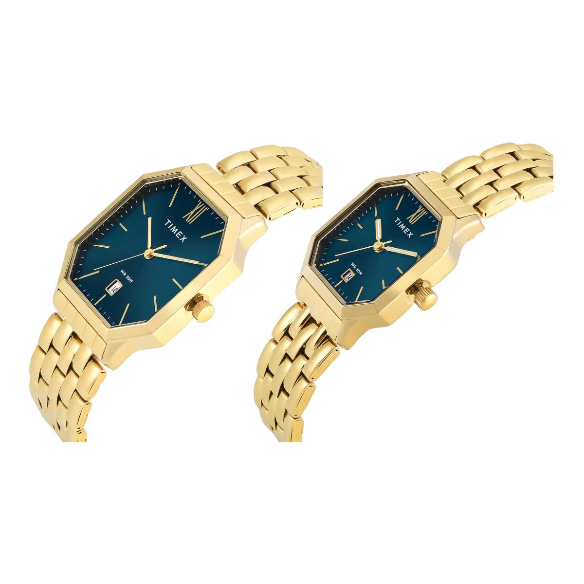 Timex Octagonal Teal Dial Analog Pair Watch - TW00PR356