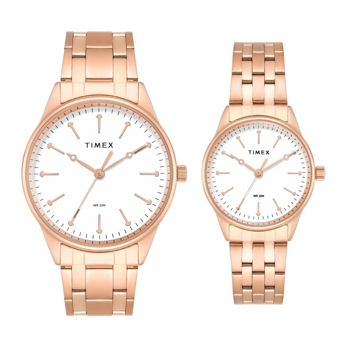 Timex Round White Dial Analog Stainless Steel Pair Watch TW00PR358